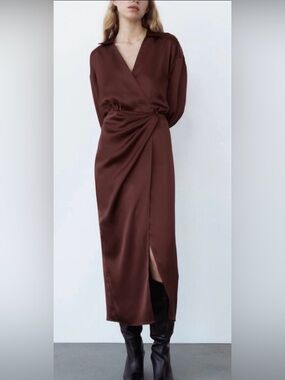 NWT Zara Satin Wrap Midi Dress in Chocolate Brown